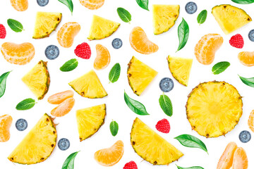 Summer Pattern with fruits and berries isolated on white background. Pineapple , mandarine, raspberry, blueberry.  Tropical abstract background.