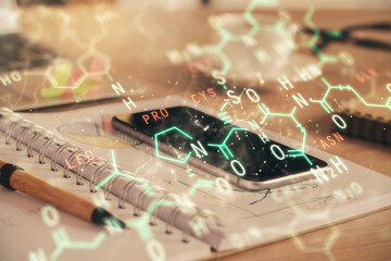 Double exposure of formula drawing and mobile phone background. Concept of education