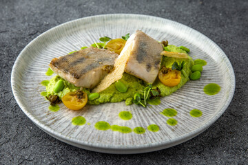 Fillet of white fish grilled or steamed with spinach puree. Diet nutritious meal. Ready menu for the restaurant. Neutral gray blue textured background