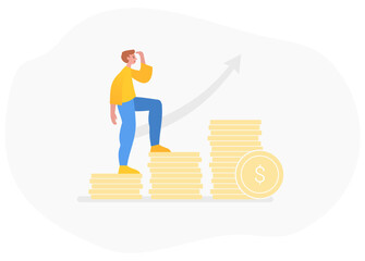 Financial or income growth. Man climbing up by steps made of coins. Modern vector illustration