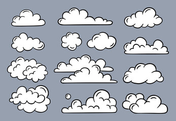 Vector set of clouds. Doodle clouds, design collection for banner, card, poster. Hand-drawn, doodle elements isolated on grey background.