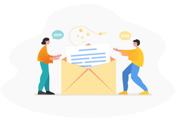 Fototapeta premium Send or receive message, contact us form. Group of people stand near big letter. Modern vector illustration