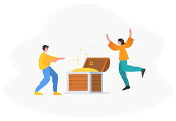 Find treasure chest, win big prize, achieve success. Two people stand near big treasure chest. Modern vector illustration