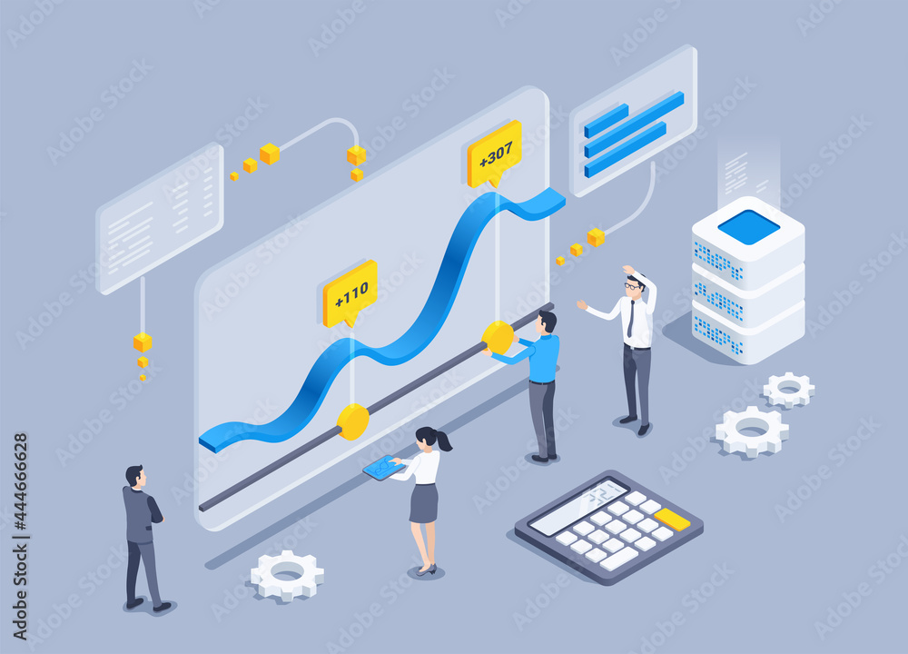Poster isometric vector illustration on a gray background, people in business clothes are working in front 