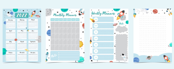 2022 table calendar week start on Sunday with astronaut and galaxy that use for vertical digital and printable A4 A5 size