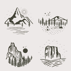 Black line natural scenery with mountain,river,sun,tree