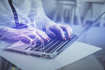 Double exposure of woman hands typing on computer and creative drawing. Start up concept.