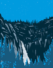 WPA poster art of nighttime at Cascade Falls or The Cascades with rugged Merced River Canyon in Sierra Nevada within Yosemite National Park, California USA done in works project administration style. - obrazy, fototapety, plakaty