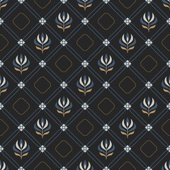 Seamless geometric pattern with simple floral shapes, bunches of leaves, rounded squares, diagonal grid, thin lines. Dark colors. Vector.