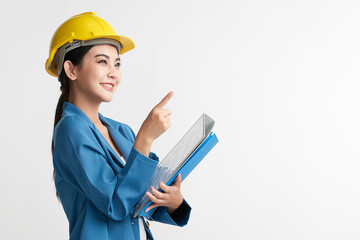 beautiful asian woman engineer and safety helmet on white background, construction concept, Engineer, Industry.