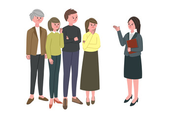 Obraz premium スーツの女性と考えている人々のイラスト