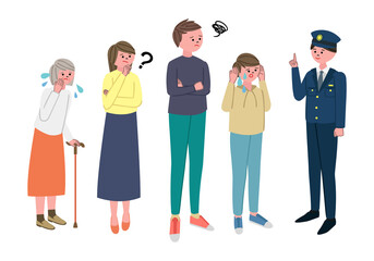 Obraz premium 困っている人々と警察官のイラストセット