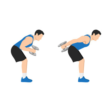 Man doing Bent over double arm tricep kickbacks exercise. Flat vector illustration isolated on white background
