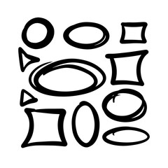 Hand-drawn figures set. Circles, squares, ovals, triangles, abstract. Black and white color. Vector illustration on an isolated background