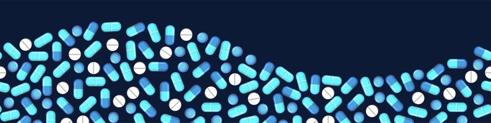 Medicines. Seamless illustration with pills and capsules. Medicinal drugs. Pharmaceuticals. Ambulance. Pharmacy. Flat wave design. Dark background. Vector