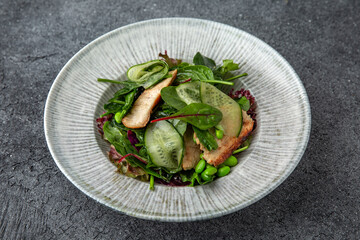 A hearty dietary salad made from chicken fillet, cucumbers, green beans and gravy. Ready menu for the restaurant. Neutral gray blue textured background