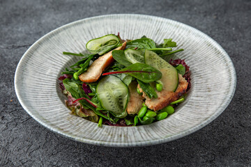A hearty dietary salad made from chicken fillet, cucumbers, green beans and gravy. Ready menu for the restaurant. Neutral gray blue textured background