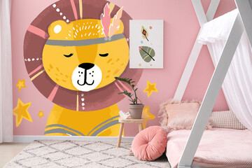 Interior of modern children's room with comfortable bed and painting of cute lion on wall