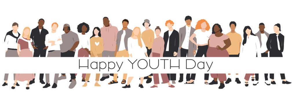 Happy Youth Day card. People of different ethnicities stand side by side together. Flat vector illustration.