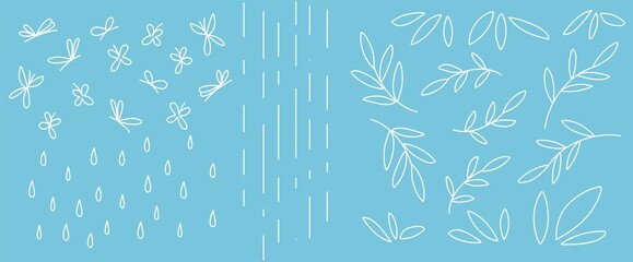 A set of twigs with leaves, a drop of rain, butterflies, for the design of eco-friendly screensavers. Simple linear style. Vector.