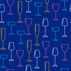 Seamless pattern with wine glasses. Colorful vector flat illustration with different stemware for drinks