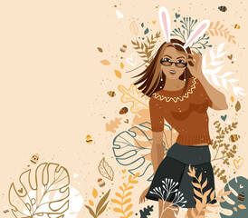 A young girl with bunny ears on her head stands against a background of flowers, hearts and Easter eggs. Vector illustration on the theme of light Easter.