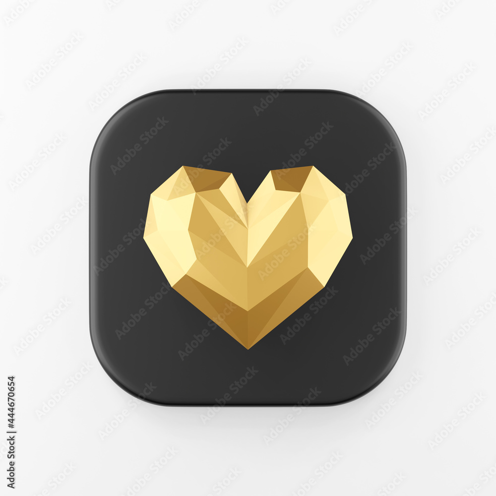 Poster gold low poly heart icon. 3d rendering black square key button, interface ui ux element.