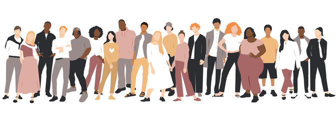 Young people of different ethnicities stand side by side together. Flat vector illustration.