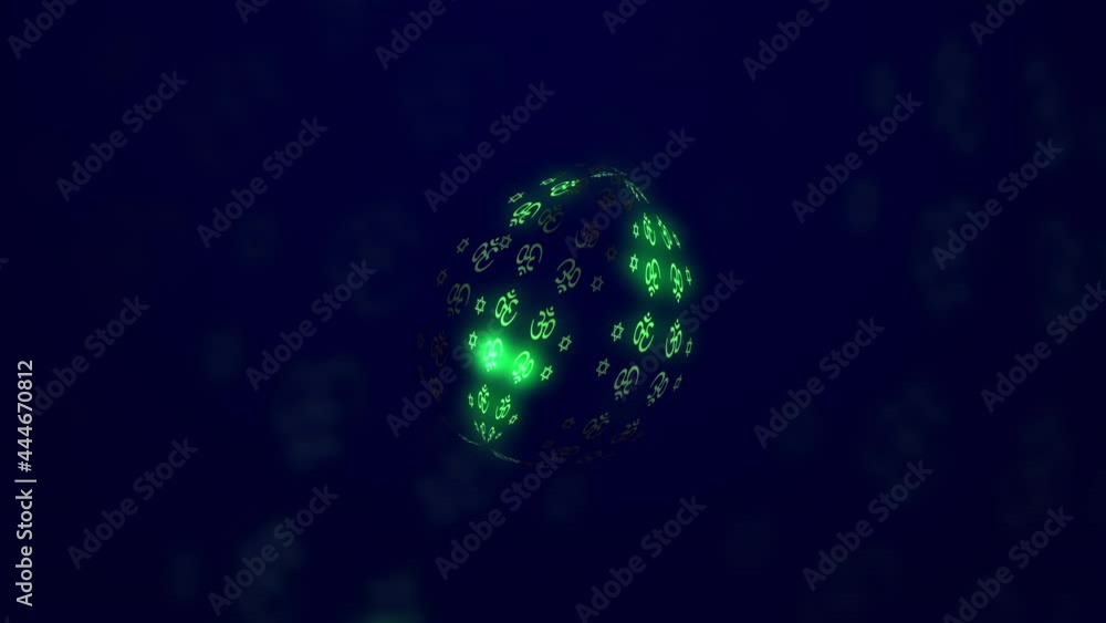 Aufkleber in a dark space, an abstract sphere with glowing symbols of various religions. light elements move a