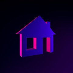 Neon flat house icon. 3d rendering ui ux interface element. Dark glowing symbol.