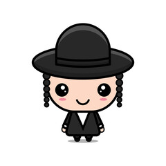 Ultra Orthodox religious Jewish with black religious clothing . Orthodox jew cute cartoon character.