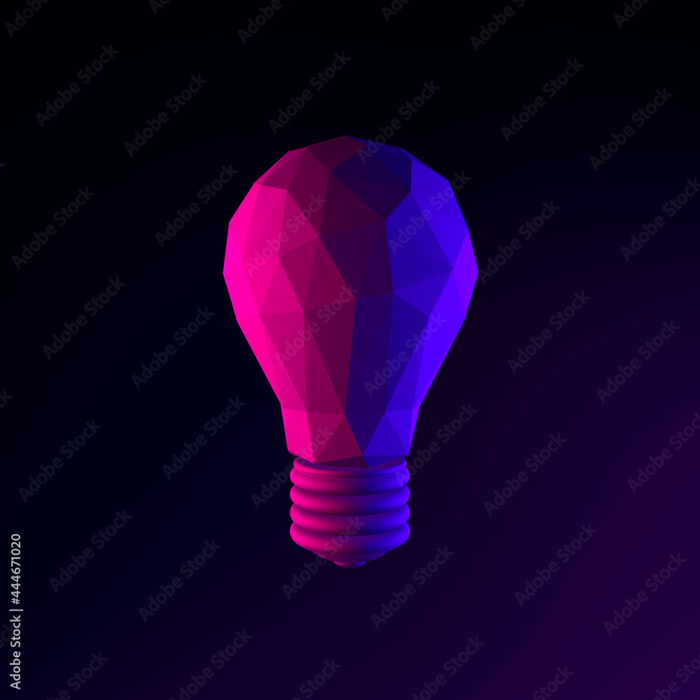 Poster neon low poly light bulb icon. 3d rendering ui ux interface element. dark glowing symbol.