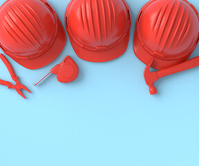 Top view of monochrome construction tools for repair on blue and red