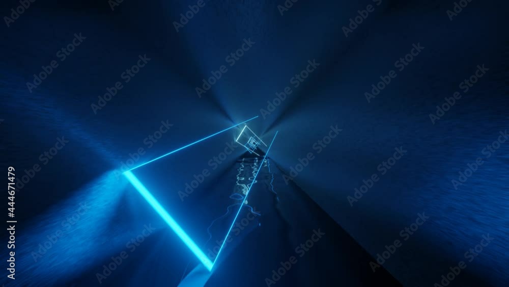 Poster 3d rendered blue neon lights inside a metal tunnel. a seamless loop motion graphic with a minimal an