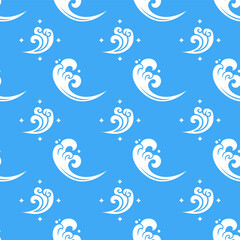 Chinese marine seamless vector pattern. White sea waves decoration elements on blue background. Traditional, oriental, japanese, asian background. Endless print texture.