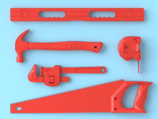 Top view of monochrome construction tools for repair on blue and red