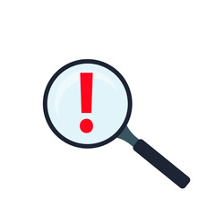 magnifying glass with red exclamation mark on white background