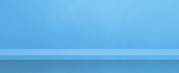 Empty shelf on a blue wall. Background template. Horizontal banner