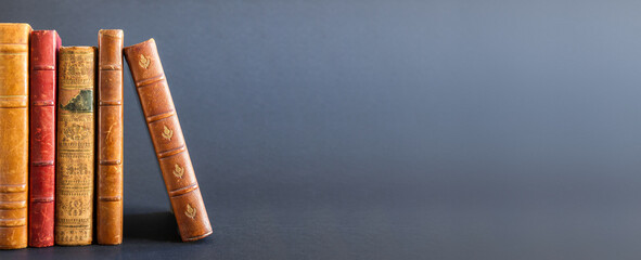 Row of old books on dark background banner