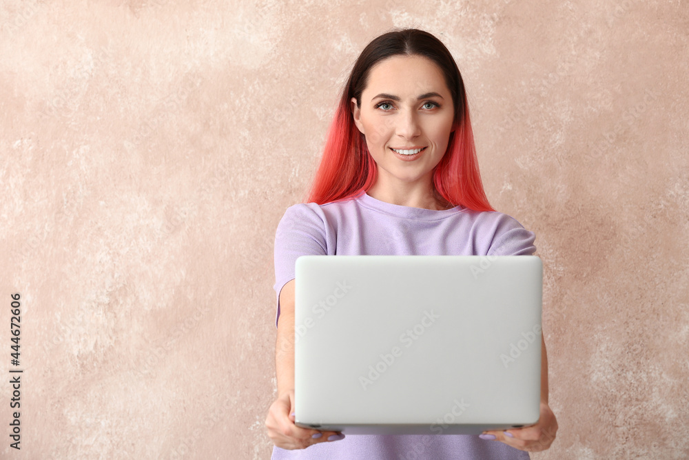 Poster female programmer with laptop on color background