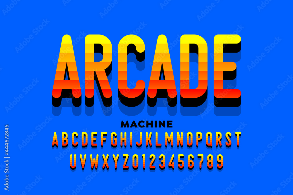 Fototapete arcade machine game style font, alphabet letters and numbers vector illustration