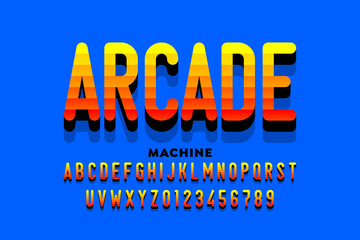 Arcade machine game style font, alphabet letters and numbers vector illustration