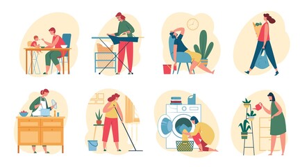 Housewife doing housework. Women cooking meal, washing clothes, watering plants, shopping, cleaning house. Housekeeping activities vector set. Character doing household chores, cleanup