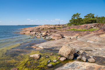 Fototapeta na wymiar The rocky view of Porkkalanniemi, rocks, stones and Gulf of Finland, Kirkkonummi, Finland