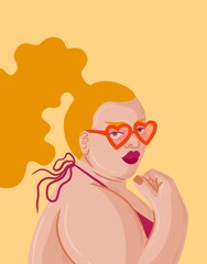 Blonde Plus size Woman wearing heart-shaped glasses and a purple bikini