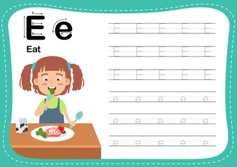 Alphabet Letter E - Eat exercise with cut girl vocabulary illustration, vector