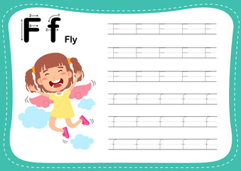Alphabet Letter F - Fly exercise with cut girl vocabulary illustration, vector