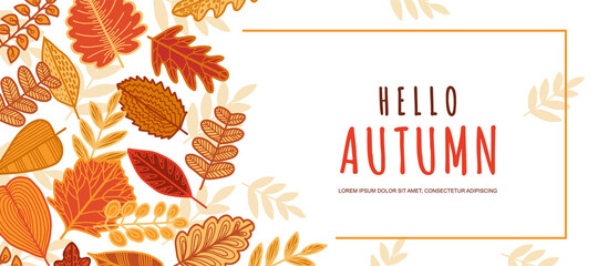 Autumn background with decorative leaves. Leaf fall frame. Hand-drawing.Vector illustration for poster, banner, flyer, invitation, website or postcard - obrazy, fototapety, plakaty