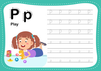 Alphabet Letter P - Play exercise with cut girl vocabulary illustration, vector