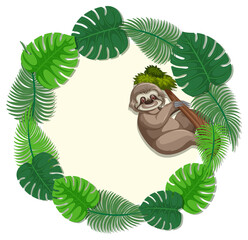 Round green monstera leaves banner template with a sloth cartoon character